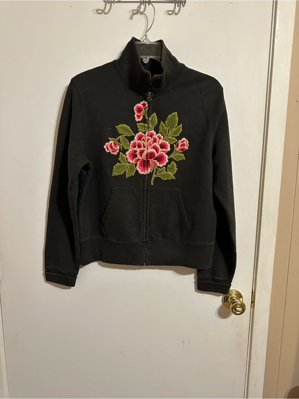 Lucky Brand Black Zip-Up Jacket with Pink Floral Applique